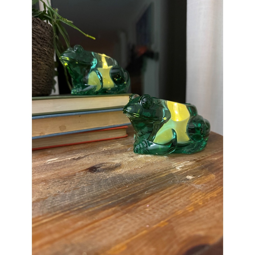 Vintage Indiana Glass Emerald Green Glass Frog Tea Light Candle Holders Set of 2